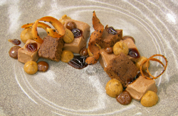 Sam’s milk chocolate mousse with salted caramel and a chocolate and hazelnut sponge on Mas ...