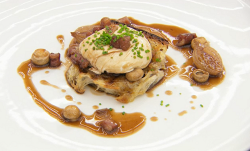 Monica Galetti’s oeufs meurette (poached egg with bourguignon sauce) on garlic toast on Ma ...