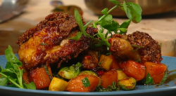 Marcus Samuelsson’s fried chicken with pumpkin and Brussels sprouts on Saturday Kitchen