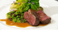 Monty’s rump of lamb with bacon, lettuce, pea puree and a lamb jus on Masterchef The Profe ...