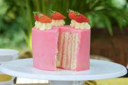 Liam’s vertical layer cake with buttercream and fresh strawberries on Junior Bake Off 2019