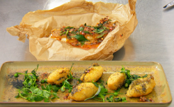 Kristina’s lemon sole with a hazelnut crust, pea shoots salad with vinegar powder and bass ...