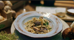 Gino D’Acampo farfalle with mushrooms and spinach on Gino’s Italian Express