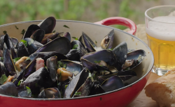 Rick Stein’s mussels with creme fraiche and eggs and cider on Rick Stein’s Secret France