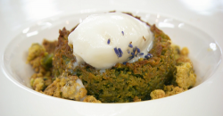 Yan’s pistacchio clafoutis with crumble and a buttermilk and lavender sorbet on Masterchef ...