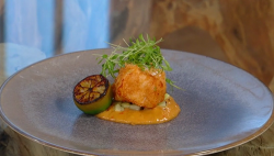 Richard Bainbridge’s pollock with satay sauce and pickled cucumber on Saturday Kitchen