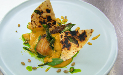 Malin’s seared scallops with coconut sambal, Sri Lankan  butternut squash curry, sea veget ...