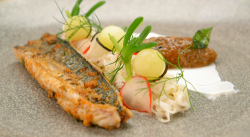 Arbinder’s Kerala spiced mackerel with a mooli salad and a black salt yoghurt with goosebe ...