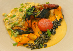 Steve’s onion, butternut squash and chiili panna cotta with a parsley and barley risotto w ...