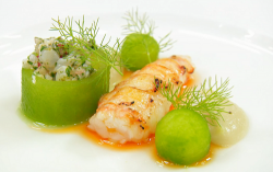 Andrew’s torched langoustine tail with ceviche and fennel puree on MasterChef The Professi ...