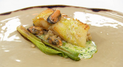 Monty’s turbot with mussels, charred leeks and a champagne sauce with leek oil on Masterch ...