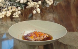 Tomy Banks Baked scallops with squash and a winter broth on Saturday Kitchen