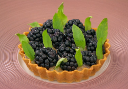 Matt Worswick’s fresh blackberry tart with vanilla cream cheese and yuzu gel dessert on MasterCh ...