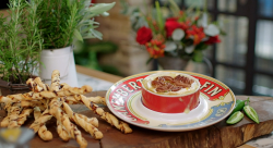 Lisa Faulkner’s Baked Camembert with cheese straws, pecans and a apricot jam filling on Jo ...