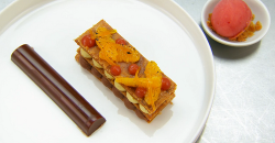 Exose’s  mille feuille with cardamom and chocolate ganache with a blood orange sorbet on Masterc ...