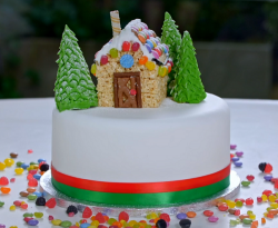 Juliet Sear rice crispy gingerbread house with ice-cream cone trees on Beautiful Baking with Jul ...