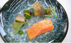 Exose’s confit salmon with cucumber and a buttermilk and dill sauce starter on Masterchef The Pr ...