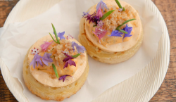 Olivia’s crumpets topped with crab meat, crispy chicken skin and elderflower on MasterChef ...