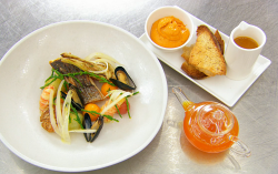 Exose’s Bouillabaisse French soup with stone bass, scallops, mussels, sourdough croutons and a 
 ...