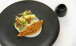 Stu’s guinea fowl with hazelnut crumb with a spiced guinea fowl sauce on MasterChef The Pr ...