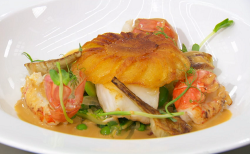 Freddie’s pan fried turbot with peas, artichokes, langustines and a potato galette on Mast ...