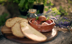 Gino’s Italian meatballs with caramelised onion chutney, tomato sauce and crusty bread on  ...