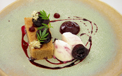 Olivia’s meadow sweet sponge cake with glazed cherries and a buttermilk and yoghurt snow d ...