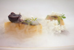 Adam Handling’s millet cake with miso, cherries and meadowsweet snow on masterChef The Pro ...