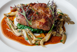 James Golding’s Pannage Pork with Rainbow Chard, Pancetta, Oyster Mushrooms and Mustard Sa ...