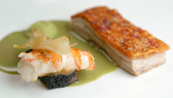 Stu’s pork belly with black pudding, langoustine, fennel and a Thai green bisque on Master ...