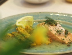 Nadia Sawalha’s salmon in prosecco with polenta and parmesan courgette fritters on John an ...