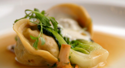 Yan’s salt cod tortellini with lemon puree, pak choi and a cep consomme on Masterchef The  ...