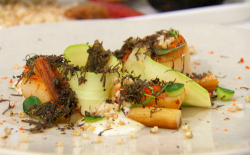 Olivia’s scallops with cucumber, sea herbs, buckwheat and winter truffles starter on Maste ...