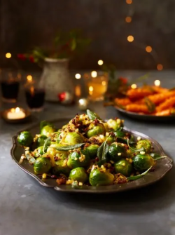 Jamie Oliver sausage and sage sprouts with apples and Worcestershire sauce on Jamie’s Easy ...