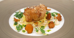 Matt Worswick’s butter roasted sweet bread with celeriac puree, pickled mushrooms, apple a ...