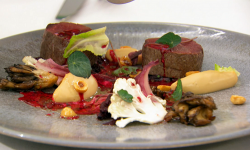 Olivia’s venison with beetroot, cauliflower, mushrooms and a beetroot, smoked bone marrow  ...