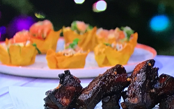 Jeremy Pang’s BBQ ribs and crab with pomelo wonton tarts on Sunday Brunch