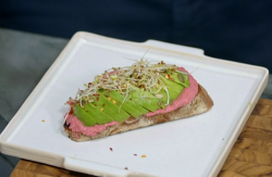 Henry Firth and Ian Theasby’s avocado on toast with beetroot hummus on Living on the Veg