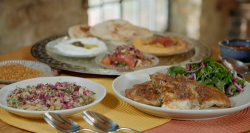 Eran’s Israeli Mezze breakfast with filo pastry, lychee, pomegranate molasses, date syrup  ...