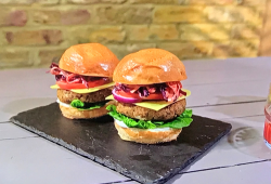 Ian and Henry (Bosh) ultimate big vegan burger with BBQ coleslaw on Living on the Veg