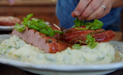 Jamie Oliver’s champ with sausages and watercress on Jamie and Jimmy’s Friday Night Feast