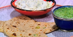 Romy Gill’s aloo paratha with raita and coriander chutney on Sunday Brunch