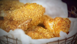 Jimmy Doherty’s  crispy chicken with cornflakes and sweet potato wedges on  Jamie and Jimmy’s Fr ...