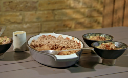 Ian and Henry (Bosh) vegan salted caramel apple crumble with custard on Living on the Veg