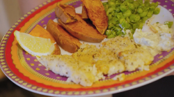 Sandie and Maxine’s fish fingers with sweet potato wedges and homemade mushy peas on Lose  ...