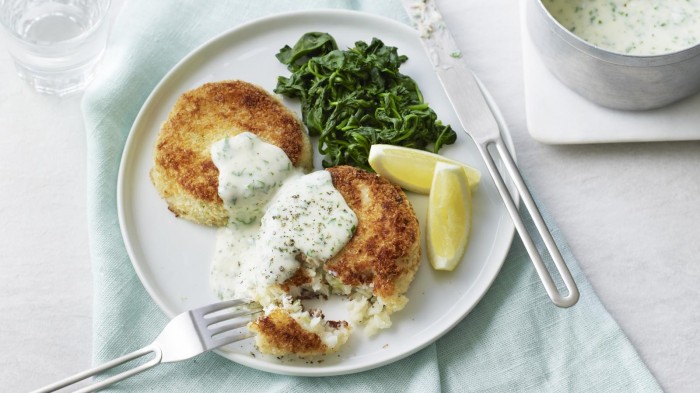 Angela Hartnett’s cod fish cakes with parsley sauce and spinach on Best Home Cook