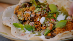 Jamie Oliver’s homemade mushroom kebab with preserved lemons, dukkah and flatbread on Jami ...