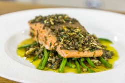 James Martin’s Sea Trout with Beurre Noisette sauce, Flaked Almonds and Green Beans on Jam ...