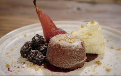 Sarah’s spiced poached pear with a spiced chocolate cake on Best Home Cook