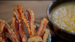 Jimmy Doherty’s pork scratchings with a tangy apple dipping sauce on Jamie and Jimmy’ ...